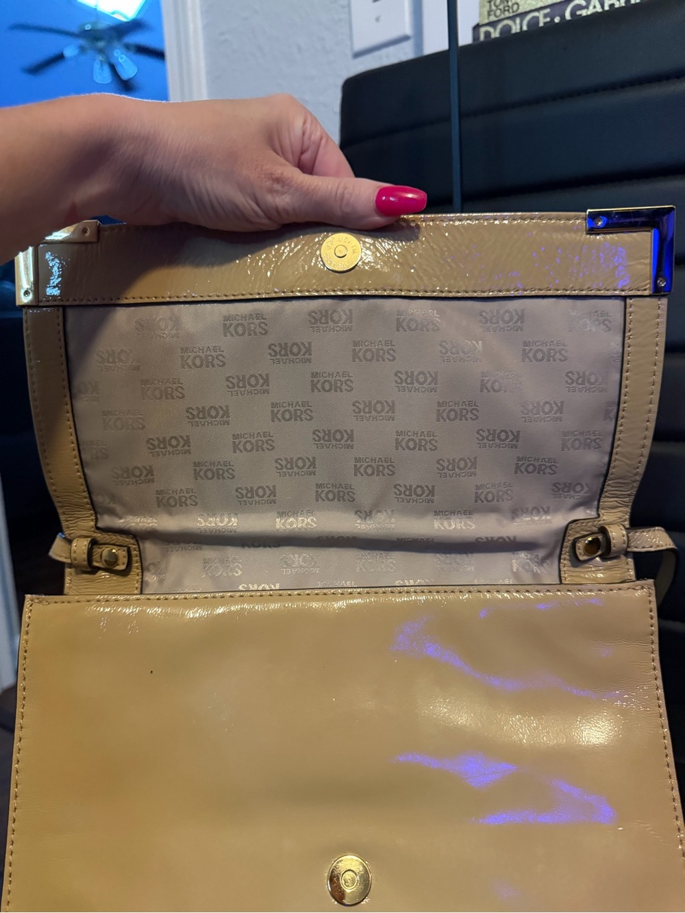 Michael Kors Tan Patent Leather Clutch with Removable Shoulder Strap - Picture 8 of 12